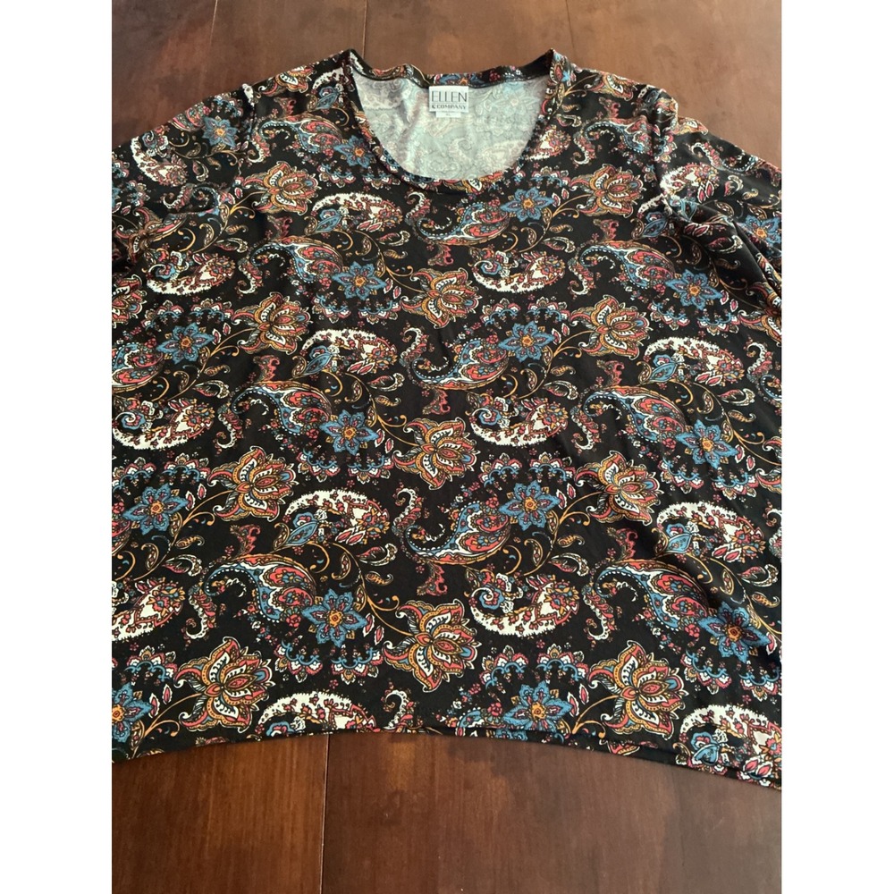 Ellen & Company Womens XL Paisley Floral Long Sleeve Scoop Neck Tunic Top Black